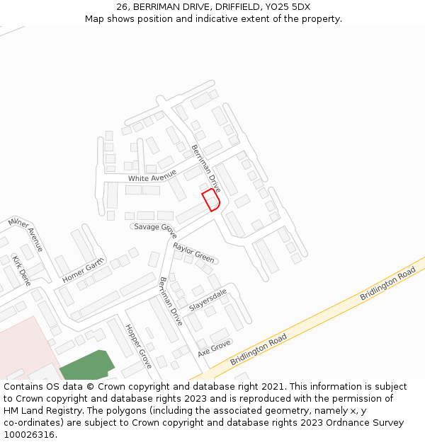 26, BERRIMAN DRIVE, DRIFFIELD, YO25 5DX: Location map and indicative extent of plot