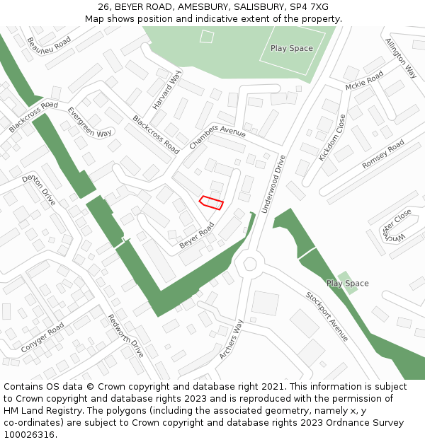 26, BEYER ROAD, AMESBURY, SALISBURY, SP4 7XG: Location map and indicative extent of plot