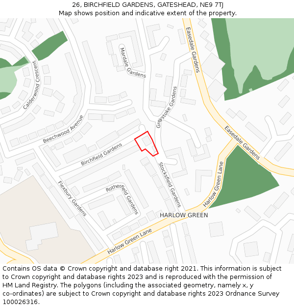 26, BIRCHFIELD GARDENS, GATESHEAD, NE9 7TJ: Location map and indicative extent of plot