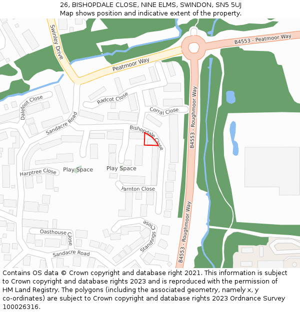 26, BISHOPDALE CLOSE, NINE ELMS, SWINDON, SN5 5UJ: Location map and indicative extent of plot