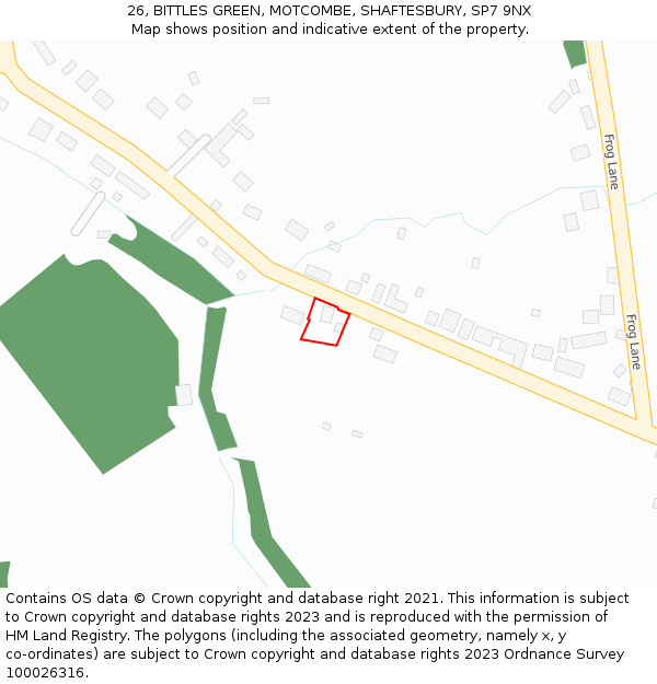 26, BITTLES GREEN, MOTCOMBE, SHAFTESBURY, SP7 9NX: Location map and indicative extent of plot