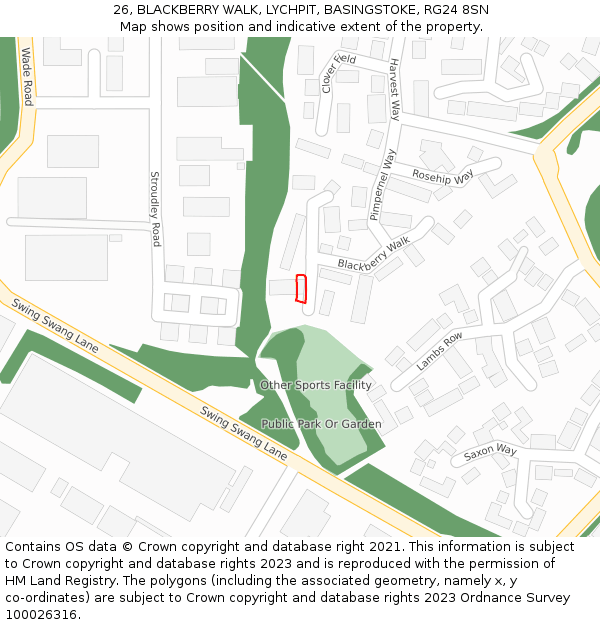 26, BLACKBERRY WALK, LYCHPIT, BASINGSTOKE, RG24 8SN: Location map and indicative extent of plot