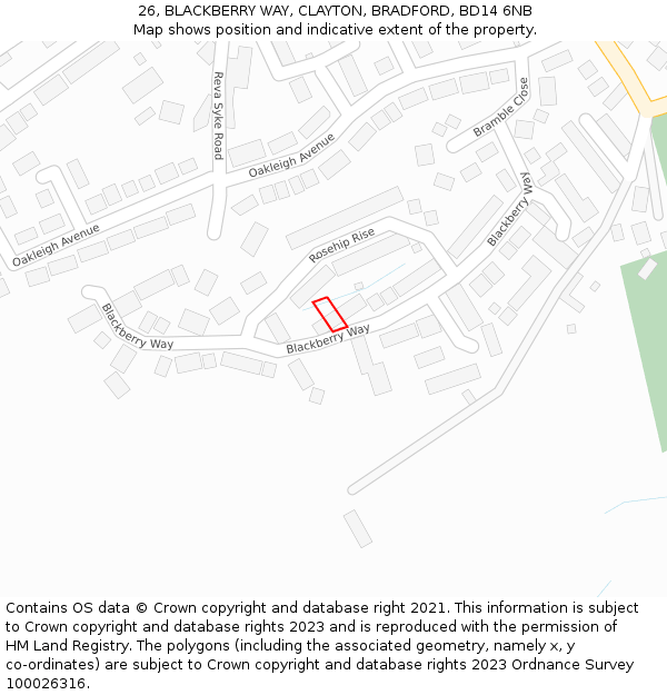 26, BLACKBERRY WAY, CLAYTON, BRADFORD, BD14 6NB: Location map and indicative extent of plot