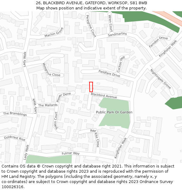 26, BLACKBIRD AVENUE, GATEFORD, WORKSOP, S81 8WB: Location map and indicative extent of plot