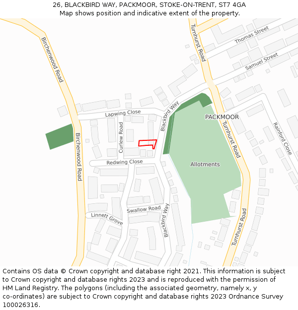 26, BLACKBIRD WAY, PACKMOOR, STOKE-ON-TRENT, ST7 4GA: Location map and indicative extent of plot