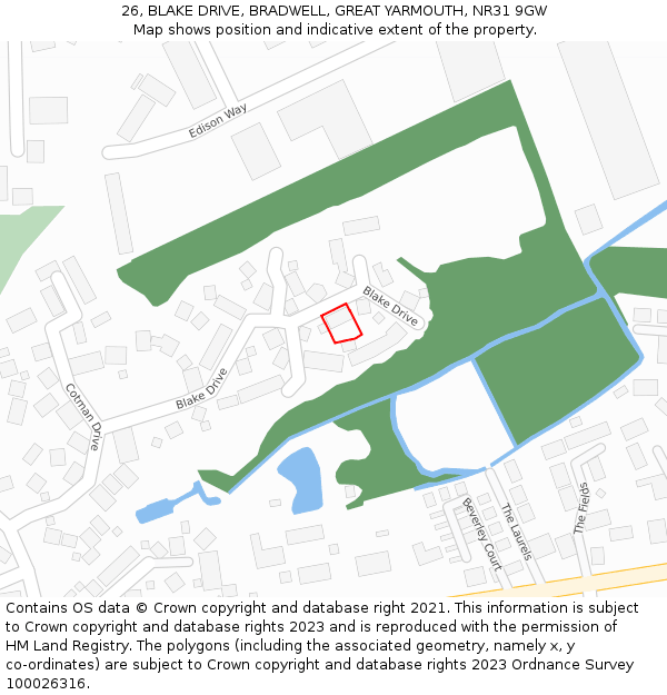 26, BLAKE DRIVE, BRADWELL, GREAT YARMOUTH, NR31 9GW: Location map and indicative extent of plot