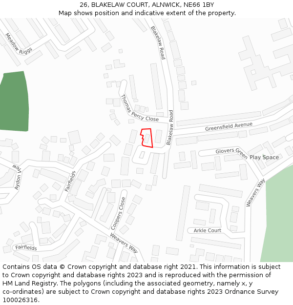 26, BLAKELAW COURT, ALNWICK, NE66 1BY: Location map and indicative extent of plot