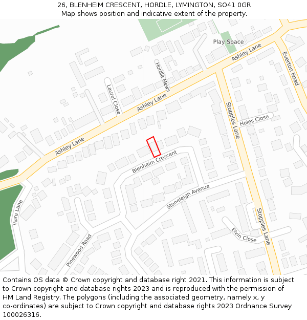 26, BLENHEIM CRESCENT, HORDLE, LYMINGTON, SO41 0GR: Location map and indicative extent of plot