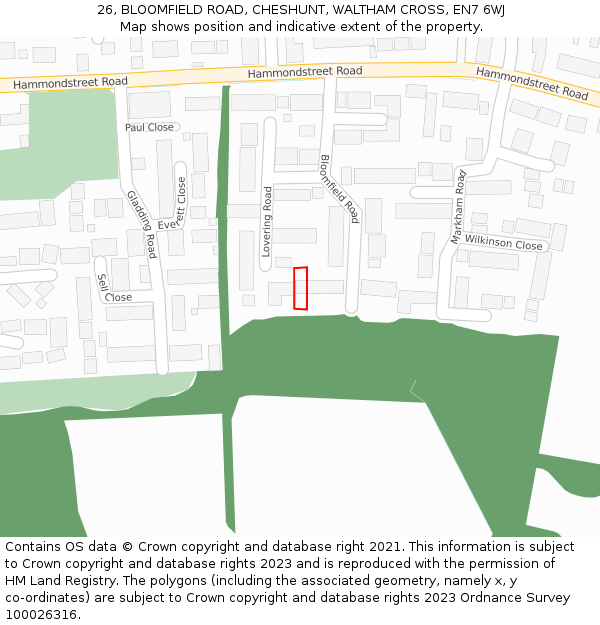 26, BLOOMFIELD ROAD, CHESHUNT, WALTHAM CROSS, EN7 6WJ: Location map and indicative extent of plot