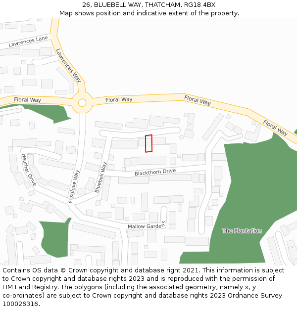 26, BLUEBELL WAY, THATCHAM, RG18 4BX: Location map and indicative extent of plot