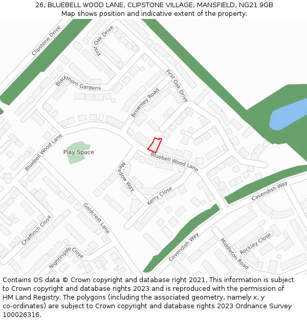 26, BLUEBELL WOOD LANE, CLIPSTONE VILLAGE, MANSFIELD, NG21 9GB: Location map and indicative extent of plot