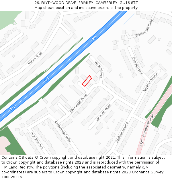 26, BLYTHWOOD DRIVE, FRIMLEY, CAMBERLEY, GU16 8TZ: Location map and indicative extent of plot