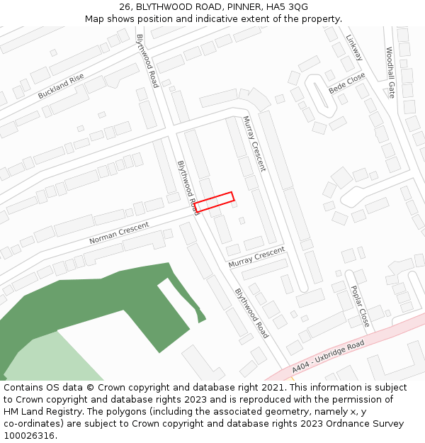 26, BLYTHWOOD ROAD, PINNER, HA5 3QG: Location map and indicative extent of plot