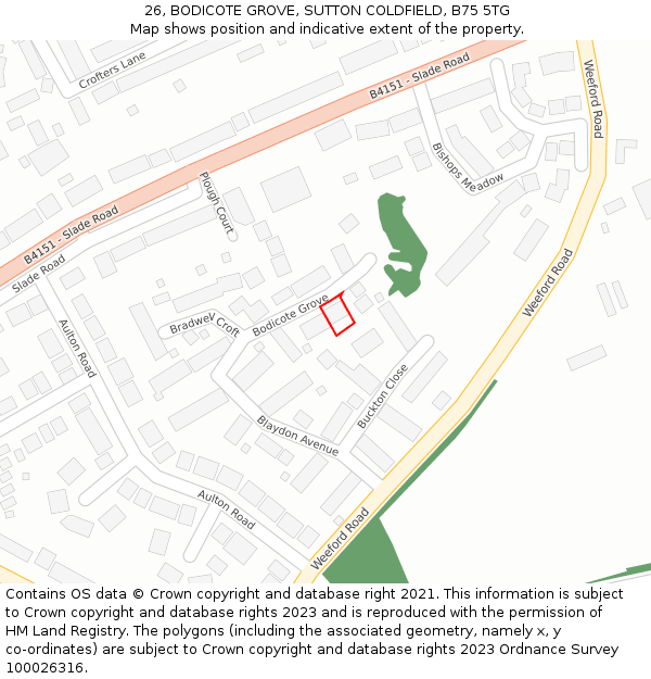 26, BODICOTE GROVE, SUTTON COLDFIELD, B75 5TG: Location map and indicative extent of plot
