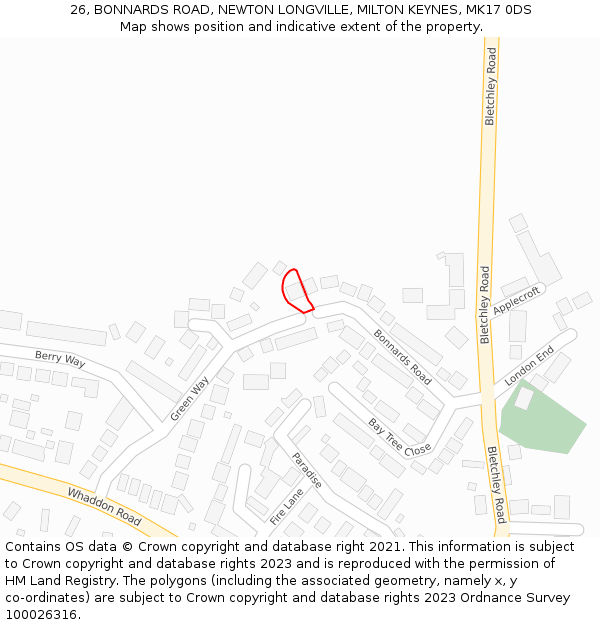 26, BONNARDS ROAD, NEWTON LONGVILLE, MILTON KEYNES, MK17 0DS: Location map and indicative extent of plot