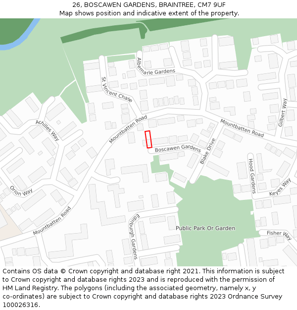 26, BOSCAWEN GARDENS, BRAINTREE, CM7 9UF: Location map and indicative extent of plot