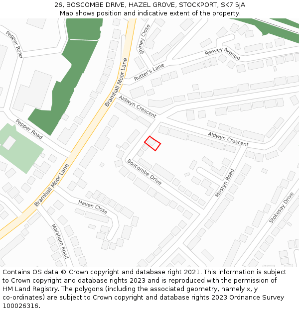 26, BOSCOMBE DRIVE, HAZEL GROVE, STOCKPORT, SK7 5JA: Location map and indicative extent of plot