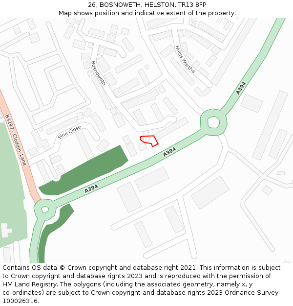 26, BOSNOWETH, HELSTON, TR13 8FP: Location map and indicative extent of plot