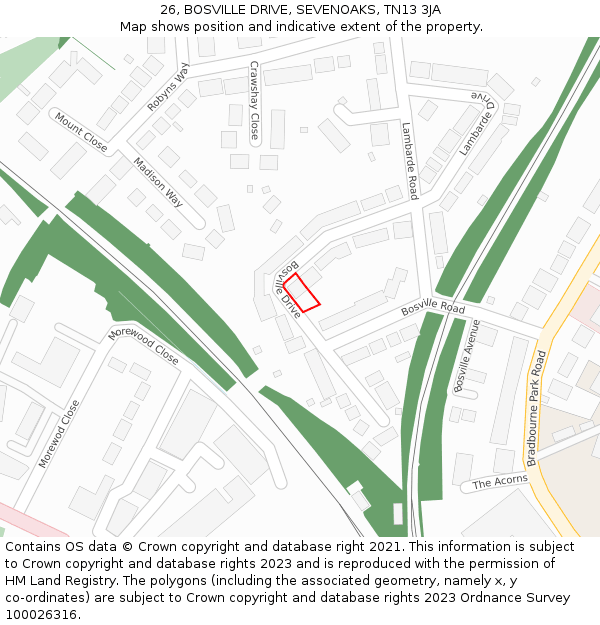26, BOSVILLE DRIVE, SEVENOAKS, TN13 3JA: Location map and indicative extent of plot