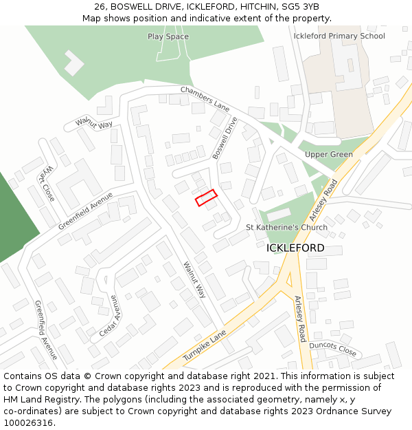 26, BOSWELL DRIVE, ICKLEFORD, HITCHIN, SG5 3YB: Location map and indicative extent of plot