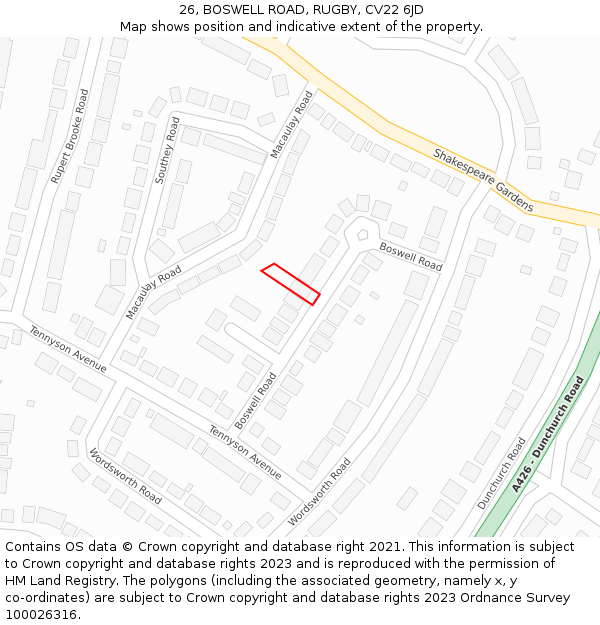 26, BOSWELL ROAD, RUGBY, CV22 6JD: Location map and indicative extent of plot