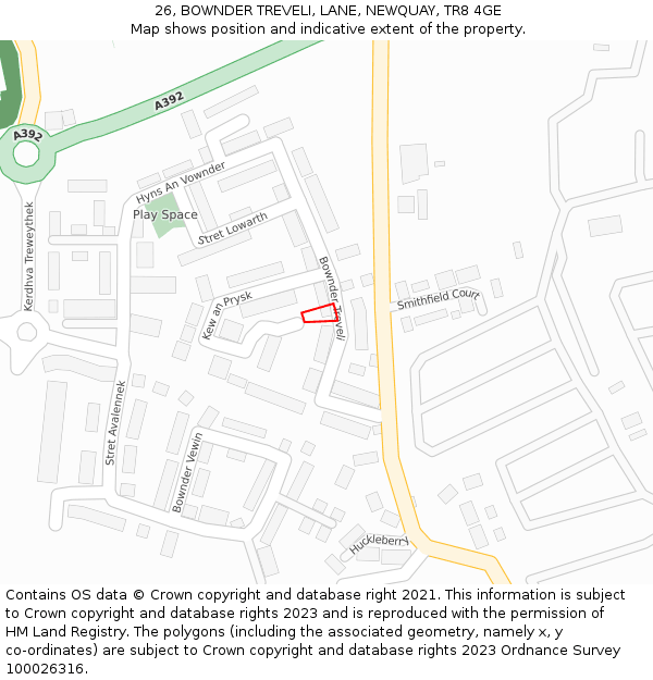 26, BOWNDER TREVELI, LANE, NEWQUAY, TR8 4GE: Location map and indicative extent of plot