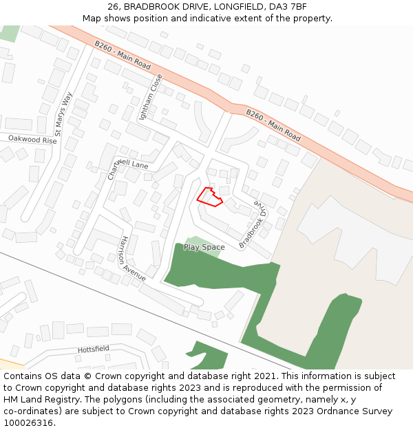 26, BRADBROOK DRIVE, LONGFIELD, DA3 7BF: Location map and indicative extent of plot