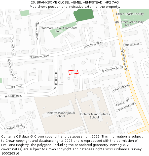 26, BRANKSOME CLOSE, HEMEL HEMPSTEAD, HP2 7AG: Location map and indicative extent of plot