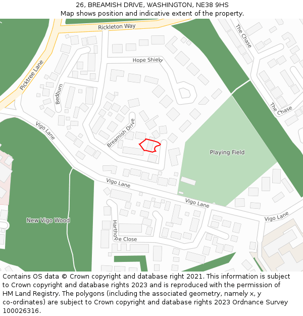 26, BREAMISH DRIVE, WASHINGTON, NE38 9HS: Location map and indicative extent of plot