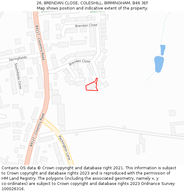 26, BRENDAN CLOSE, COLESHILL, BIRMINGHAM, B46 3EF: Location map and indicative extent of plot