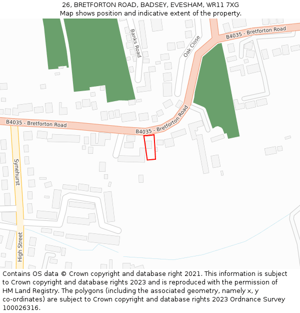 26, BRETFORTON ROAD, BADSEY, EVESHAM, WR11 7XG: Location map and indicative extent of plot