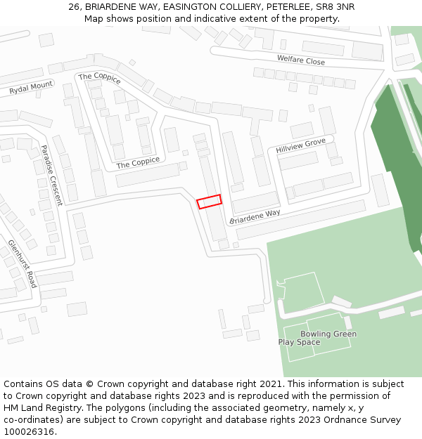 26, BRIARDENE WAY, EASINGTON COLLIERY, PETERLEE, SR8 3NR: Location map and indicative extent of plot