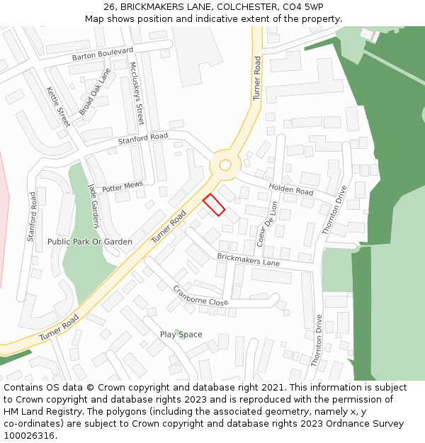 26, BRICKMAKERS LANE, COLCHESTER, CO4 5WP: Location map and indicative extent of plot