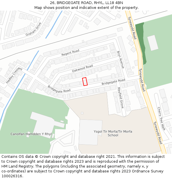 26, BRIDGEGATE ROAD, RHYL, LL18 4BN: Location map and indicative extent of plot