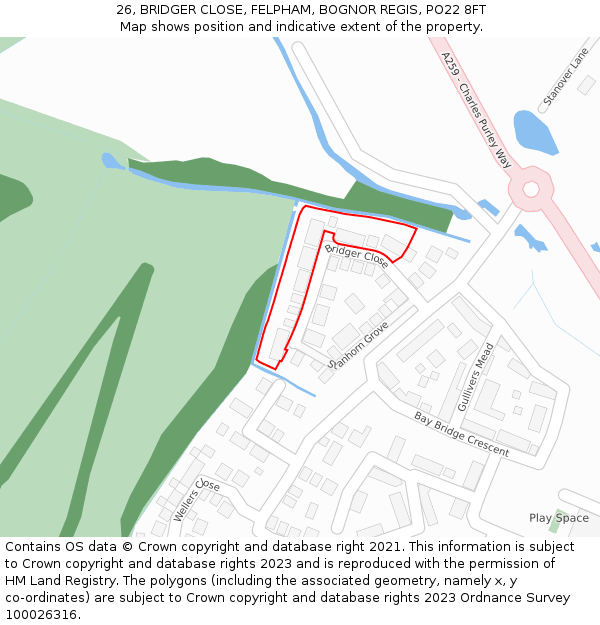 26, BRIDGER CLOSE, FELPHAM, BOGNOR REGIS, PO22 8FT: Location map and indicative extent of plot