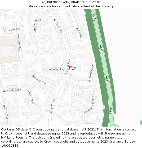 26, BRIDPORT WAY, BRAINTREE, CM7 9FJ: Location map and indicative extent of plot