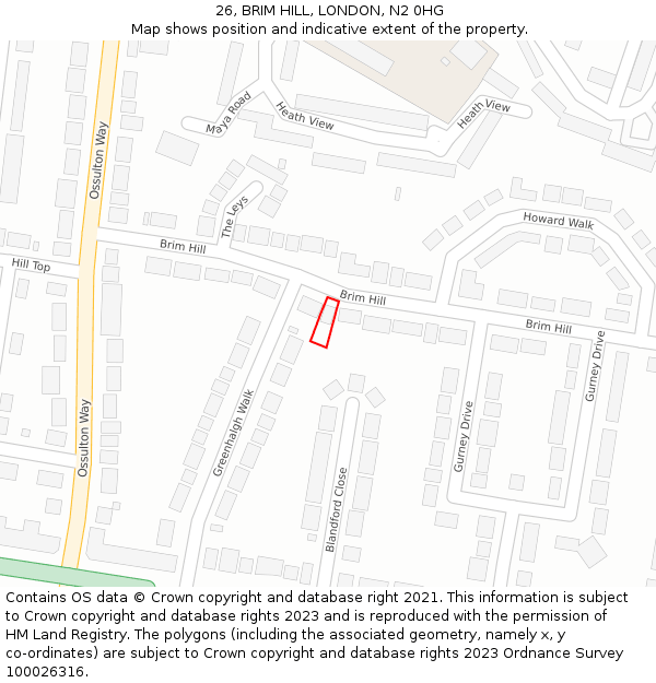 26, BRIM HILL, LONDON, N2 0HG: Location map and indicative extent of plot