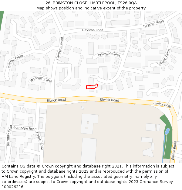 26, BRIMSTON CLOSE, HARTLEPOOL, TS26 0QA: Location map and indicative extent of plot