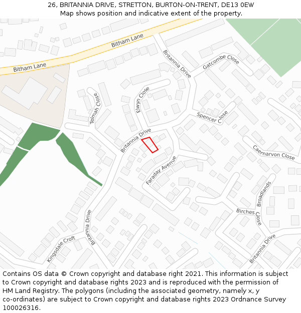 26, BRITANNIA DRIVE, STRETTON, BURTON-ON-TRENT, DE13 0EW: Location map and indicative extent of plot