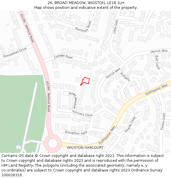 26, BROAD MEADOW, WIGSTON, LE18 1LH: Location map and indicative extent of plot