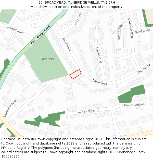 26, BROADMEAD, TUNBRIDGE WELLS, TN2 5RH: Location map and indicative extent of plot