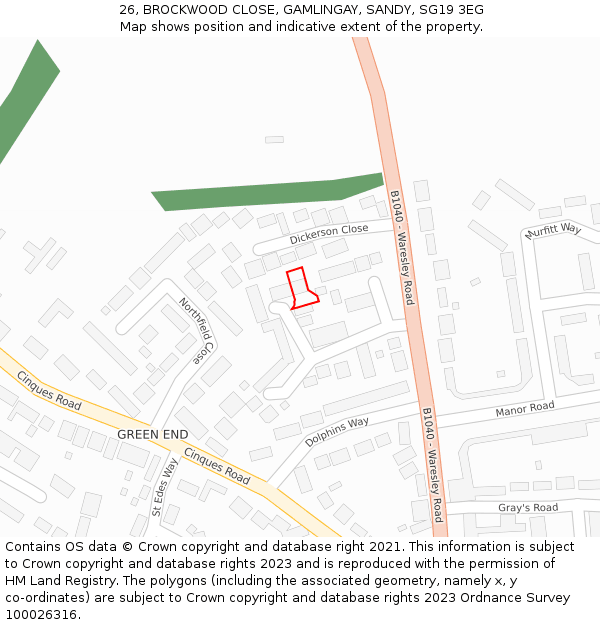 26, BROCKWOOD CLOSE, GAMLINGAY, SANDY, SG19 3EG: Location map and indicative extent of plot