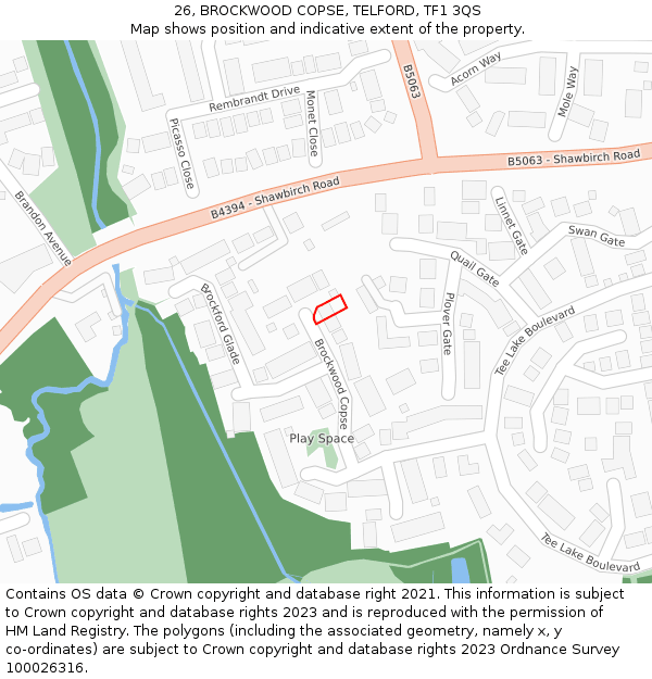 26, BROCKWOOD COPSE, TELFORD, TF1 3QS: Location map and indicative extent of plot
