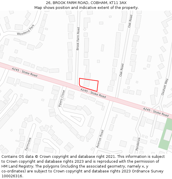 26, BROOK FARM ROAD, COBHAM, KT11 3AX: Location map and indicative extent of plot