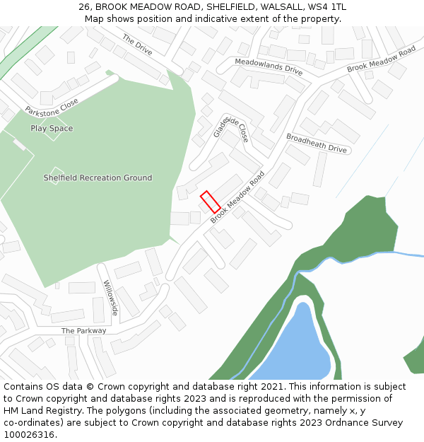 26, BROOK MEADOW ROAD, SHELFIELD, WALSALL, WS4 1TL: Location map and indicative extent of plot