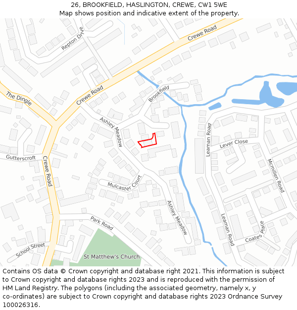 26, BROOKFIELD, HASLINGTON, CREWE, CW1 5WE: Location map and indicative extent of plot