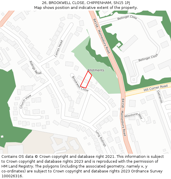 26, BROOKWELL CLOSE, CHIPPENHAM, SN15 1PJ: Location map and indicative extent of plot