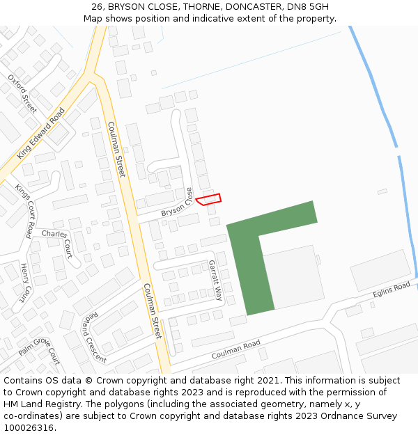 26, BRYSON CLOSE, THORNE, DONCASTER, DN8 5GH: Location map and indicative extent of plot