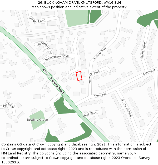 26, BUCKINGHAM DRIVE, KNUTSFORD, WA16 8LH: Location map and indicative extent of plot