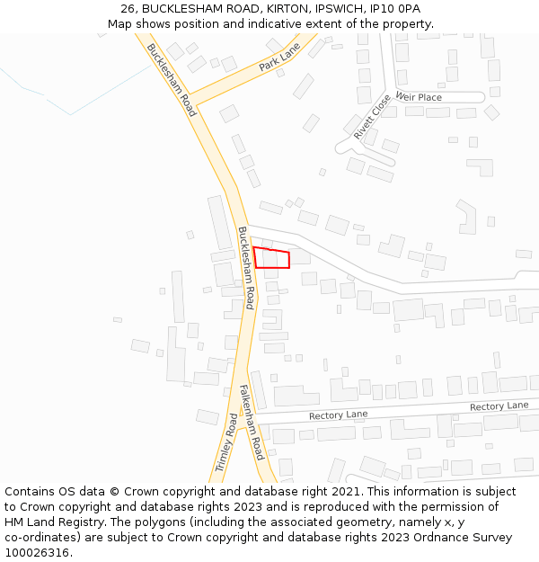 26, BUCKLESHAM ROAD, KIRTON, IPSWICH, IP10 0PA: Location map and indicative extent of plot